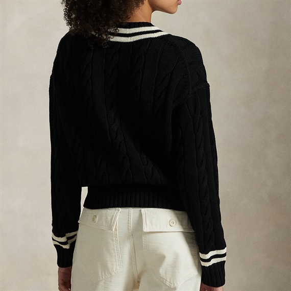 Polo Ralph Lauren Aran-Knit Cotton Cricket Jumper, Polo Black/Cream